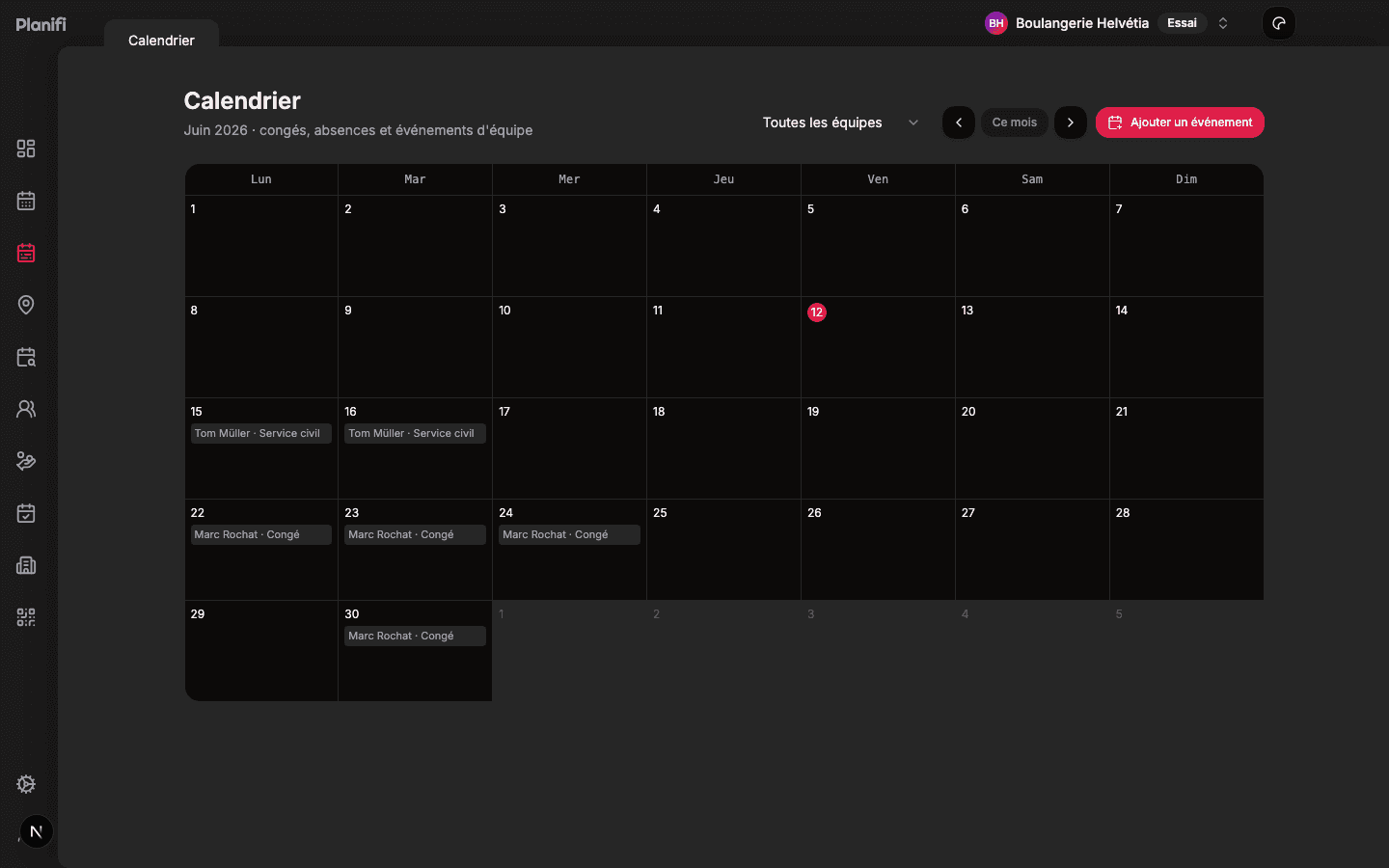 Le calendrier d'équipe de Planifi : congés, absences et événements